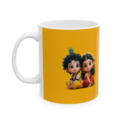 Krishna Radha Mug – Yellow Ceramic Coffee Cup with “Partners in Everything” Design
