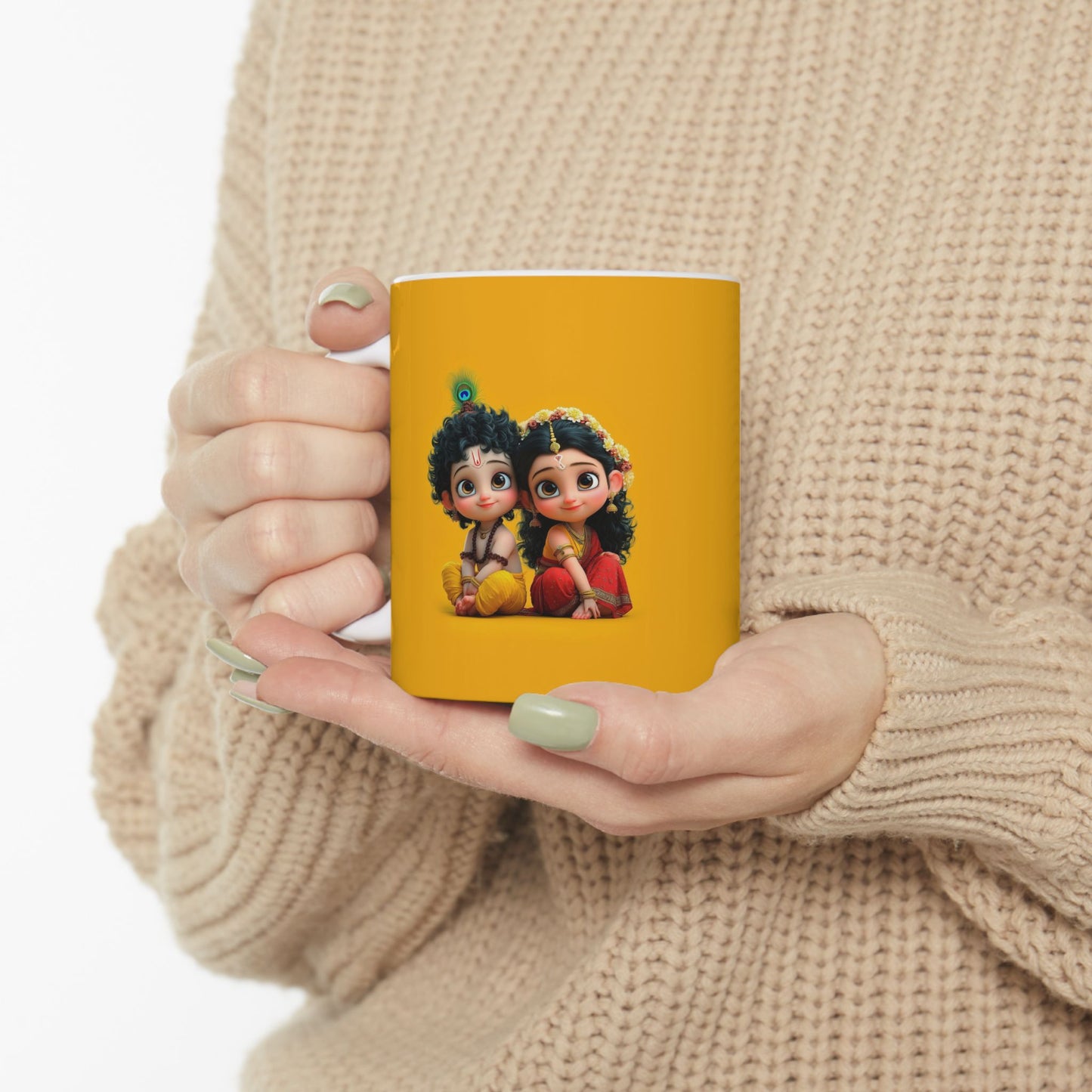 Krishna Radha Mug – Yellow Ceramic Coffee Cup with “Partners in Everything” Design