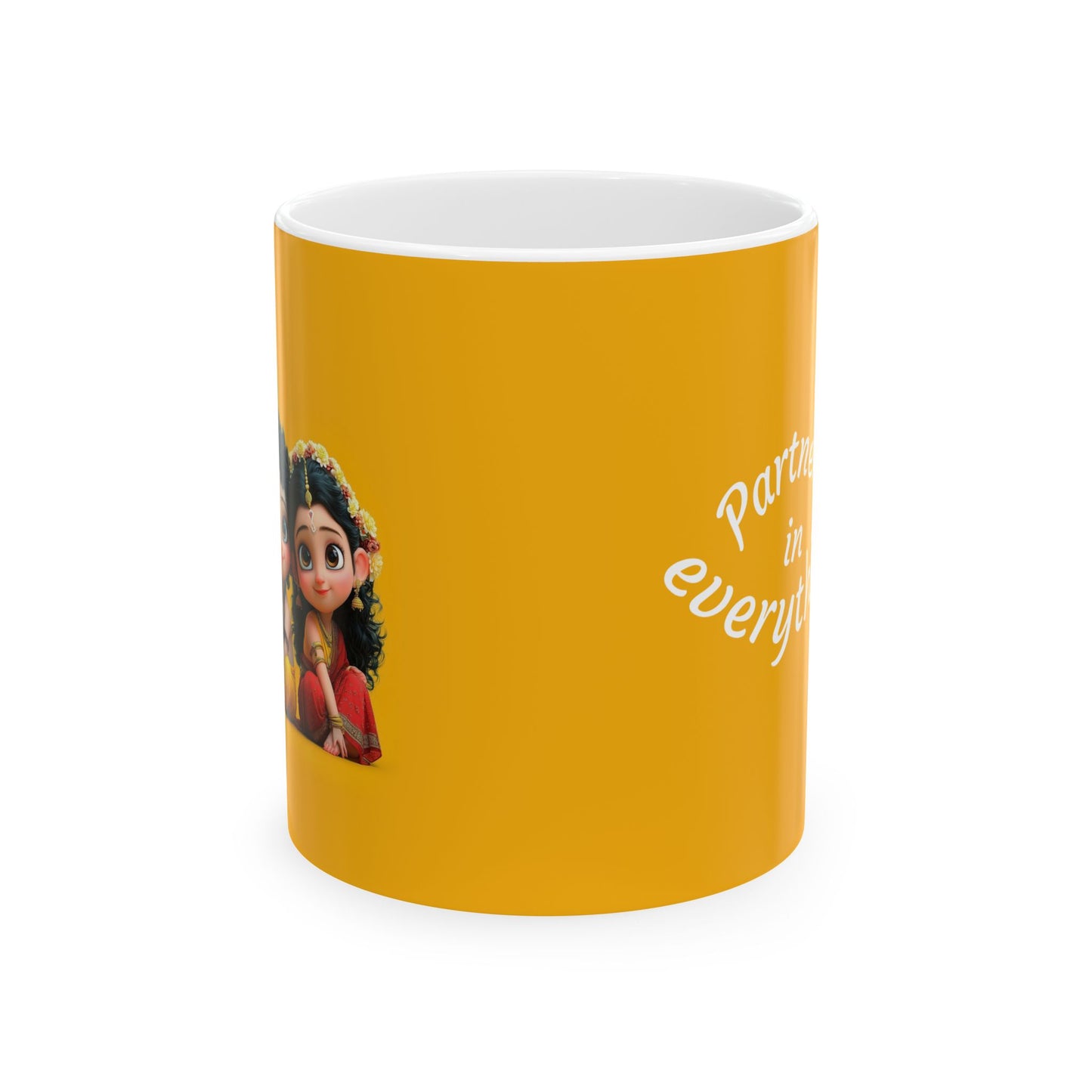 Krishna Radha Mug – Yellow Ceramic Coffee Cup with “Partners in Everything” Design