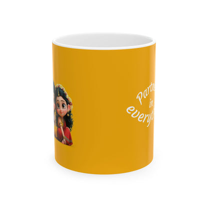 Krishna Radha Mug – Yellow Ceramic Coffee Cup with “Partners in Everything” Design