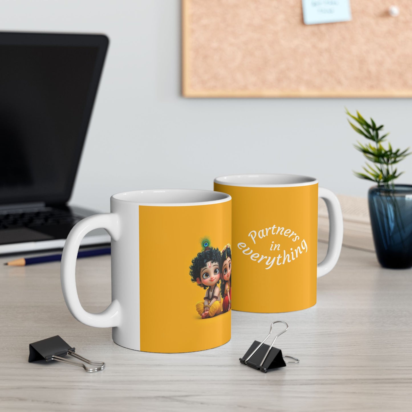 Krishna Radha Mug – Yellow Ceramic Coffee Cup with “Partners in Everything” Design
