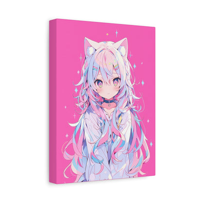 Pink Anime Girl Matte Canvas Wall Art – 9" x 12" Cute Kawaii Decor