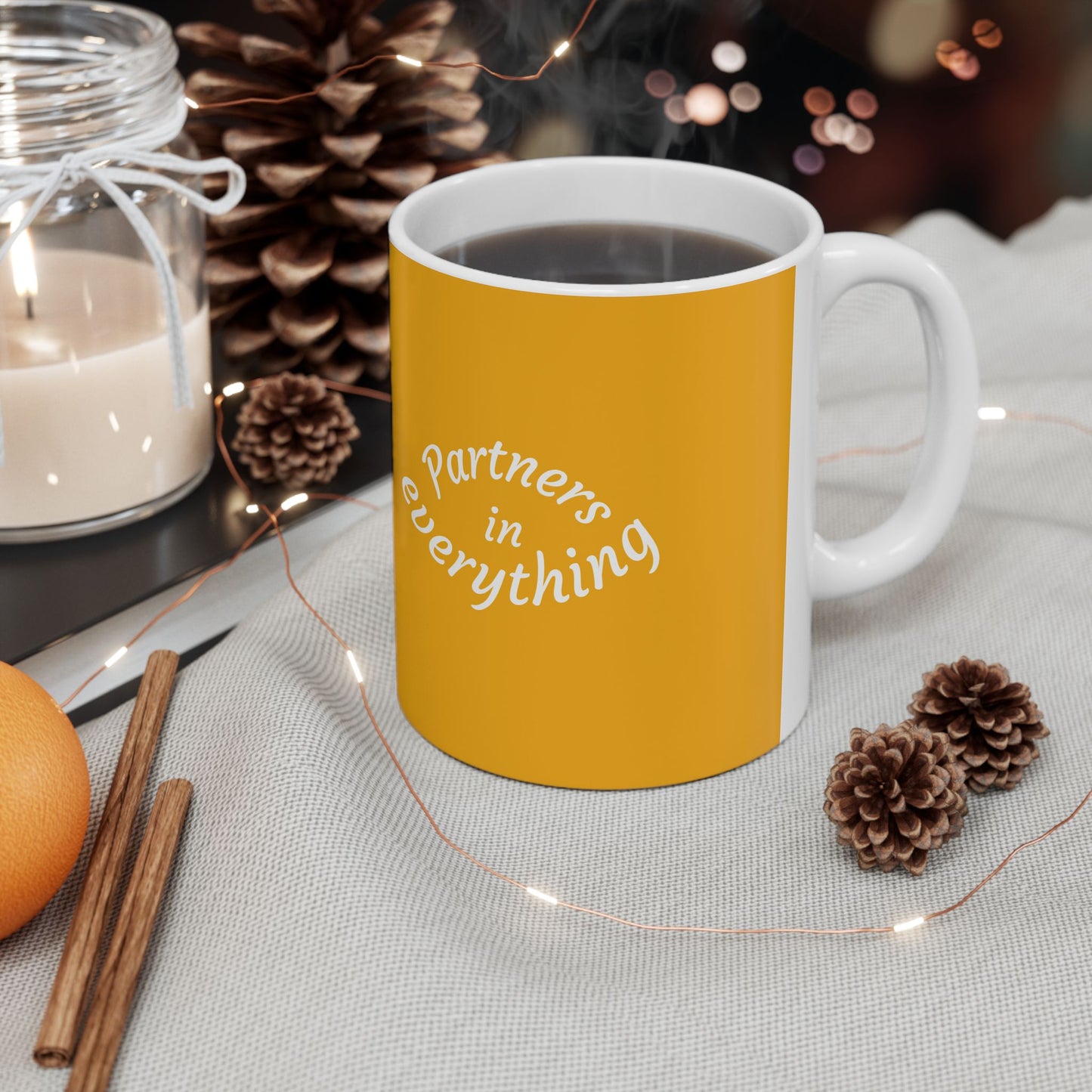 Krishna Radha Mug – Yellow Ceramic Coffee Cup with “Partners in Everything” Design