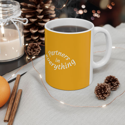 Krishna Radha Mug – Yellow Ceramic Coffee Cup with “Partners in Everything” Design